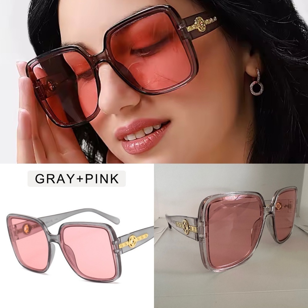 Oversized Square Sunglasses Gray Frame Pink Lens Gold DetailTrendy Fashion UV400